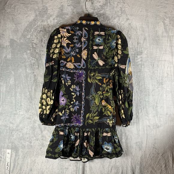 Farm Rio Womens Dress WInter Garden Mini Long Sleeves Black XS Dragon Fly Floral - Picture 3 of 11
